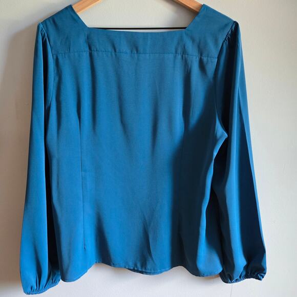 Allegra K. Blue Square Neck Long Sleeve Elastic Waist Button Blouse Shirt - Picture 3 of 7